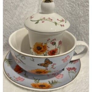 Replacements - Grace Teaware Tea For One Floral Glass Tea Cup Saucer & Infuser